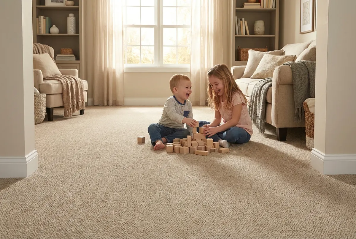 Plush neutral carpet installed in a cozy family room