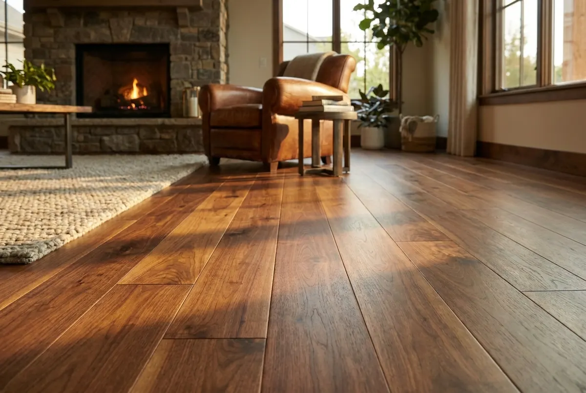 Solid hardwood flooring installed in an elegant dining room