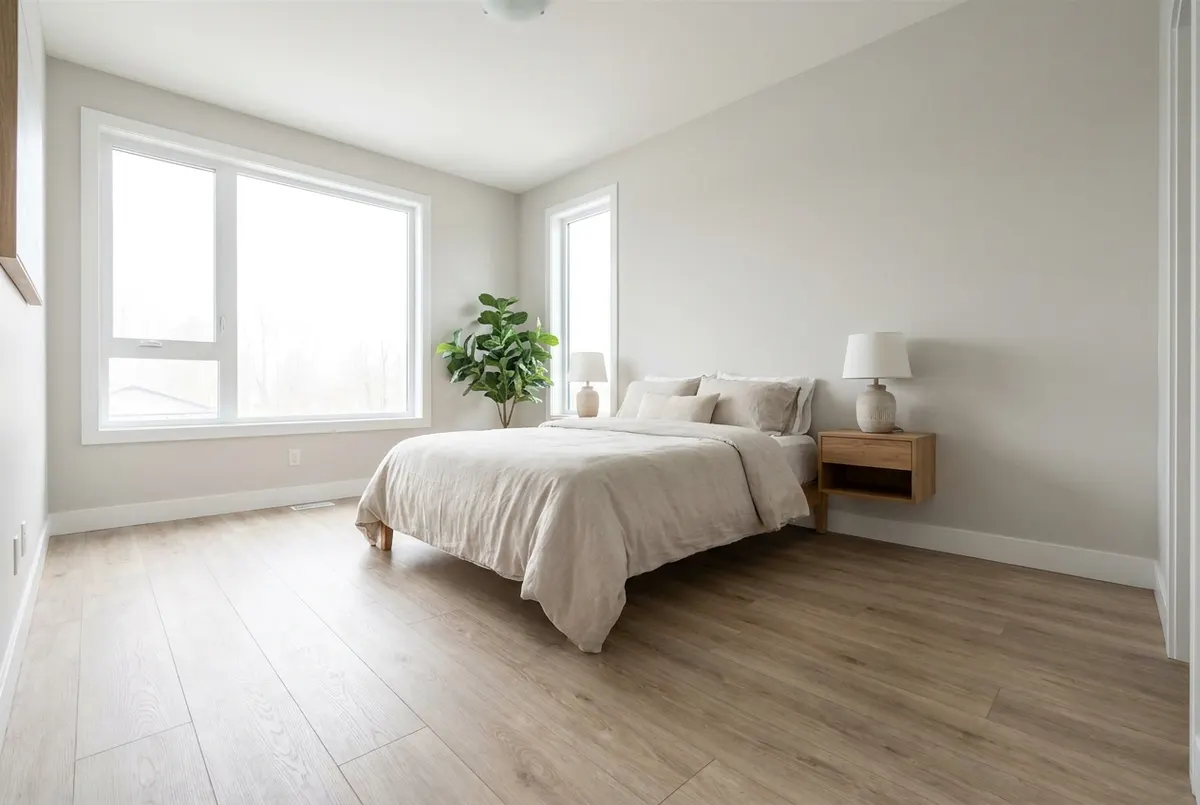 Laminate wood-look flooring installed in a sunlit bedroom