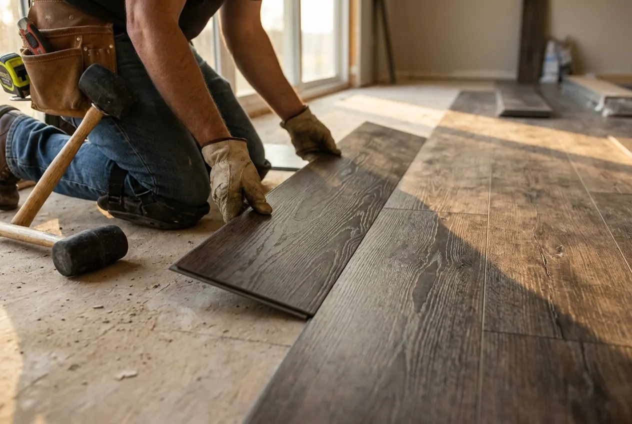 Luxury vinyl plank flooring with a natural wood look installed in a bright living room