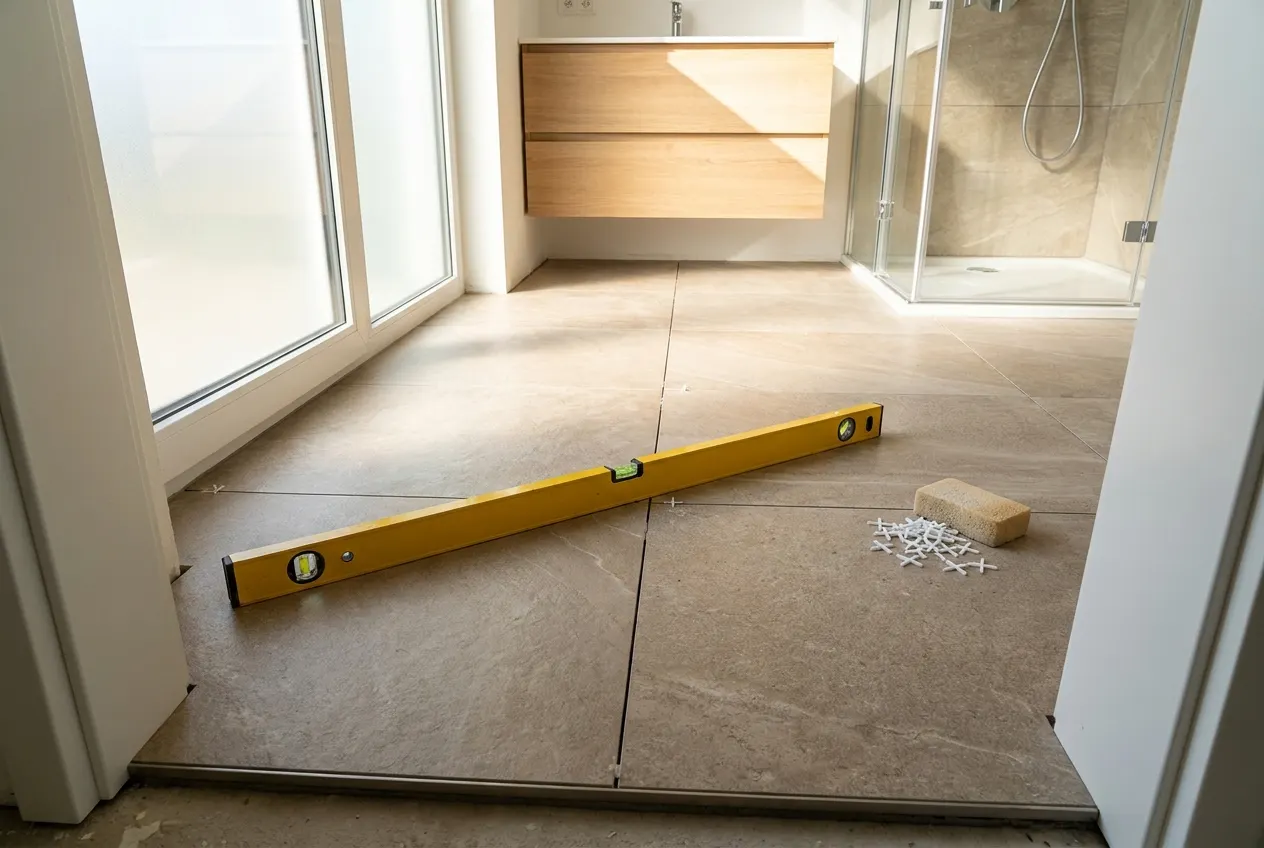 Large-format porcelain tile installed in a modern kitchen